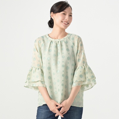 &LOVE ストライプフラワージャカードのフレア袖トップス