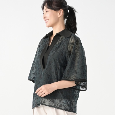  calma ワイドカラースキッパー エンブロイダリーレースブラウス - 745204