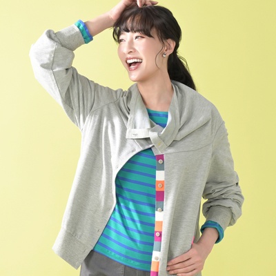 KiKKi インレイ素材の配色編み立てカーディガン