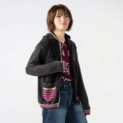 KiKKi ストーンウォッシュの配色ボーダーラインニットパーカー