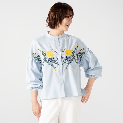 MAHARA MODERN ボタニカル刺繍かすりブラウス