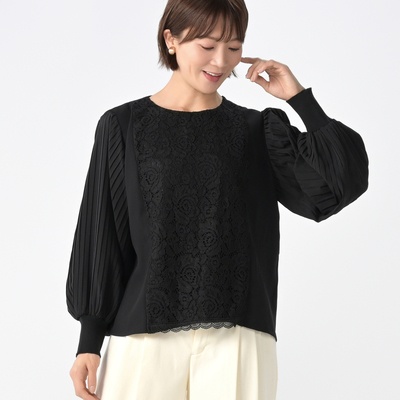 anatelier 異素材使い プリーツスリーブレースブラウス