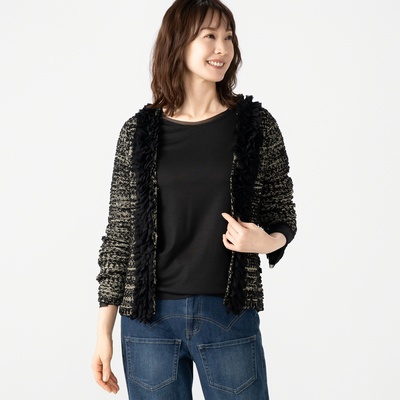 KawaiOkada モール糸ラメ引き揃チュール加工カーディガン