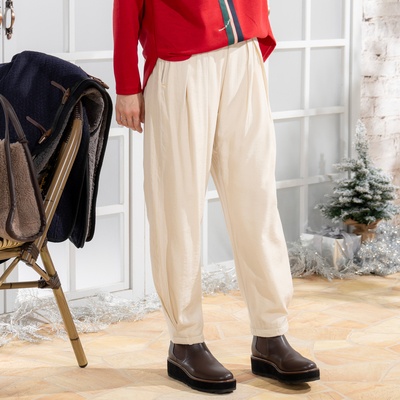 calma シアーレイヤード暖か裏フリース 裾タックパンツ