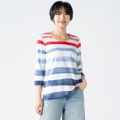 Denim & Co7分袖丈グラデーションボーダープルオーバー