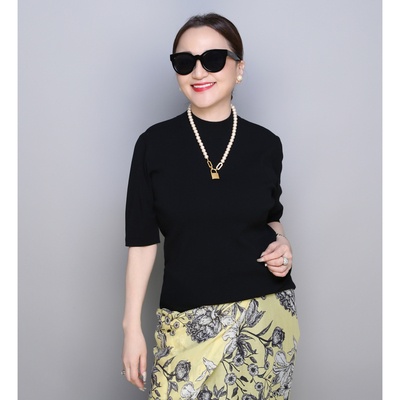 ANNE COQUINEコアスパンヤーンニットハーフスリーブプルオーバー