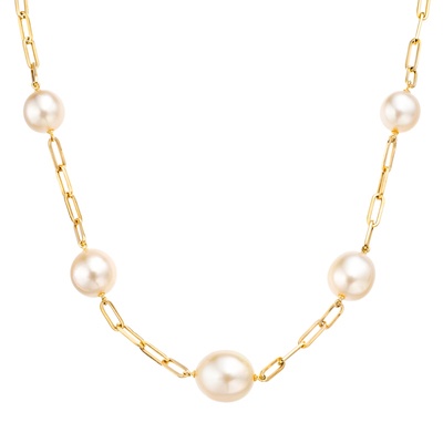 18KYGシャンパンカラー白蝶真珠ステーションネックレス10-12mm