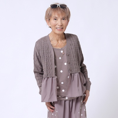 KawaiOkada 裾シフォン切替ケーブルニットカーディガン