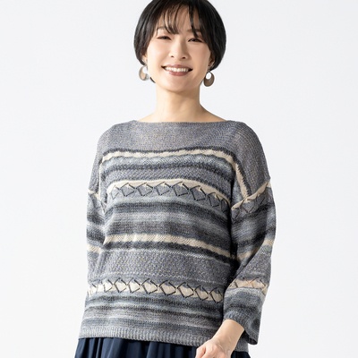 ドネモア 洗える絣糸のボートネックプルオーバー