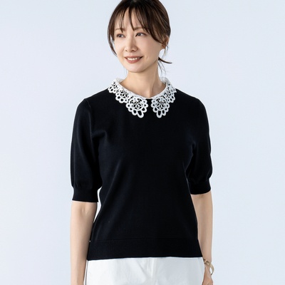 CARRIERE取り外しレース衿付き2WAYニットプルオーバー