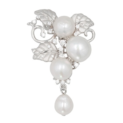 オーロラリップル真珠バロック&CZ リーフデザインブローチ