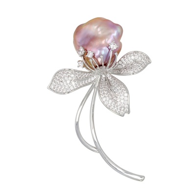 パープルオーロラリップル真珠大粒バロック&CZ ブローチ