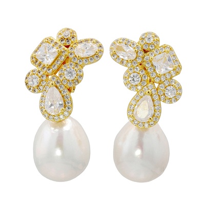  オーロラリップル真珠大粒バロック&CZ イヤリング/ピアス - 754374