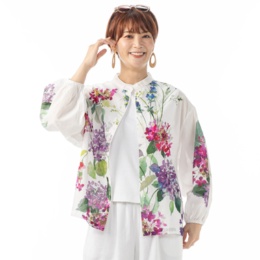 myM インド綿フラワープリントバンドカラーふんわりブラウス