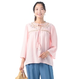 Julia K NYC 七分袖丈フロントヨーク刺繍カフタンブラウス