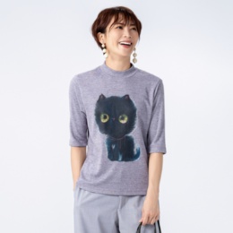  PERSONS キャットプリントモックネックワッフルトップス - 735769