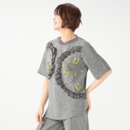 calma タフト刺繍 マテリアルMIXブラウス