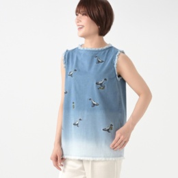 calma ホエール刺繍 グラデーションデニムブラウス