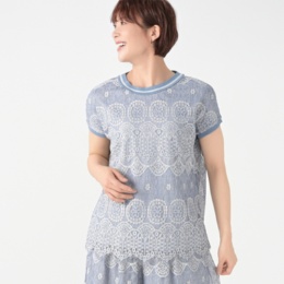 calma ボーダーリブネック レースブラウス