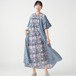 myM インド綿ブロックプリントゆったりリゾートワンピース
