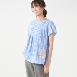 PERSONS ギンガムチェックフレンチスリーブブラウス