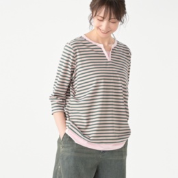 PERSONS スキッパー衿テレコマルチボーダーTシャツ