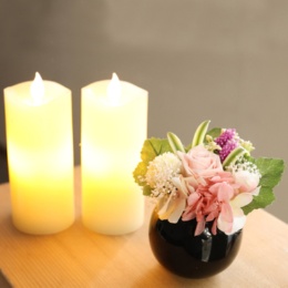プリ仏花ピンクとLEDローソク1対