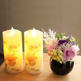 プリ仏花パープルとLEDローソク花籠1対