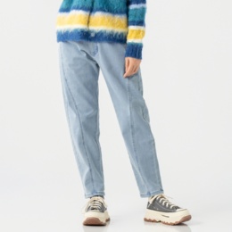 KiKKi 裏起毛カーブステッチペグトップデニムパンツ