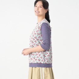 PERSONS ボーダー袖チェリープリントTシャツ