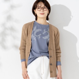  calma デザインボタンアクセント ラメリブニットカーディガン