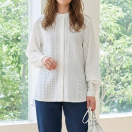 Provador ストレッチ総レースバンドカラーブラウス