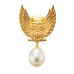 シャンパンカラー白蝶真珠 フクロウモチーフ ブローチ 10mm