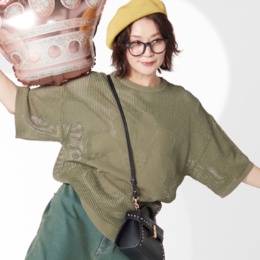 PERSONS メッシュフラワージャガード強撚綿ニット