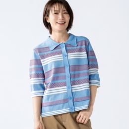 Abanicos ポロカラー マルチ柄ニットカーデ
