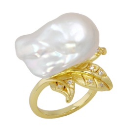 オーロラリップル真珠大粒バロック&CZ リーフデザインリング