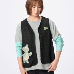  PERSONS レトロ刺繍前開きワッフルベスト