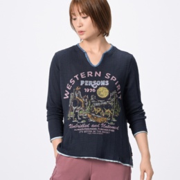  PERSONSブランケットステッチ衿ランドスケープ刺繍テレコT