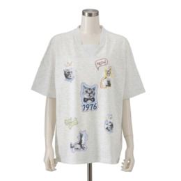 PERSONS キャットプリント&ラインストーンスポーツミックスTシャツ