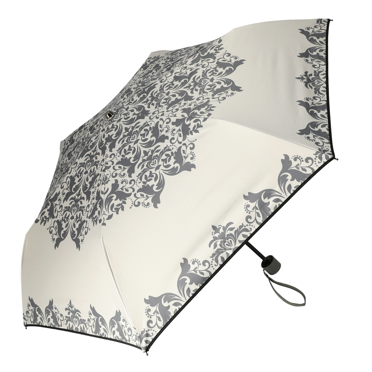  ルナジュメール UV+1級遮光+晴雨兼用 ダマスク柄折傘  グレージュ