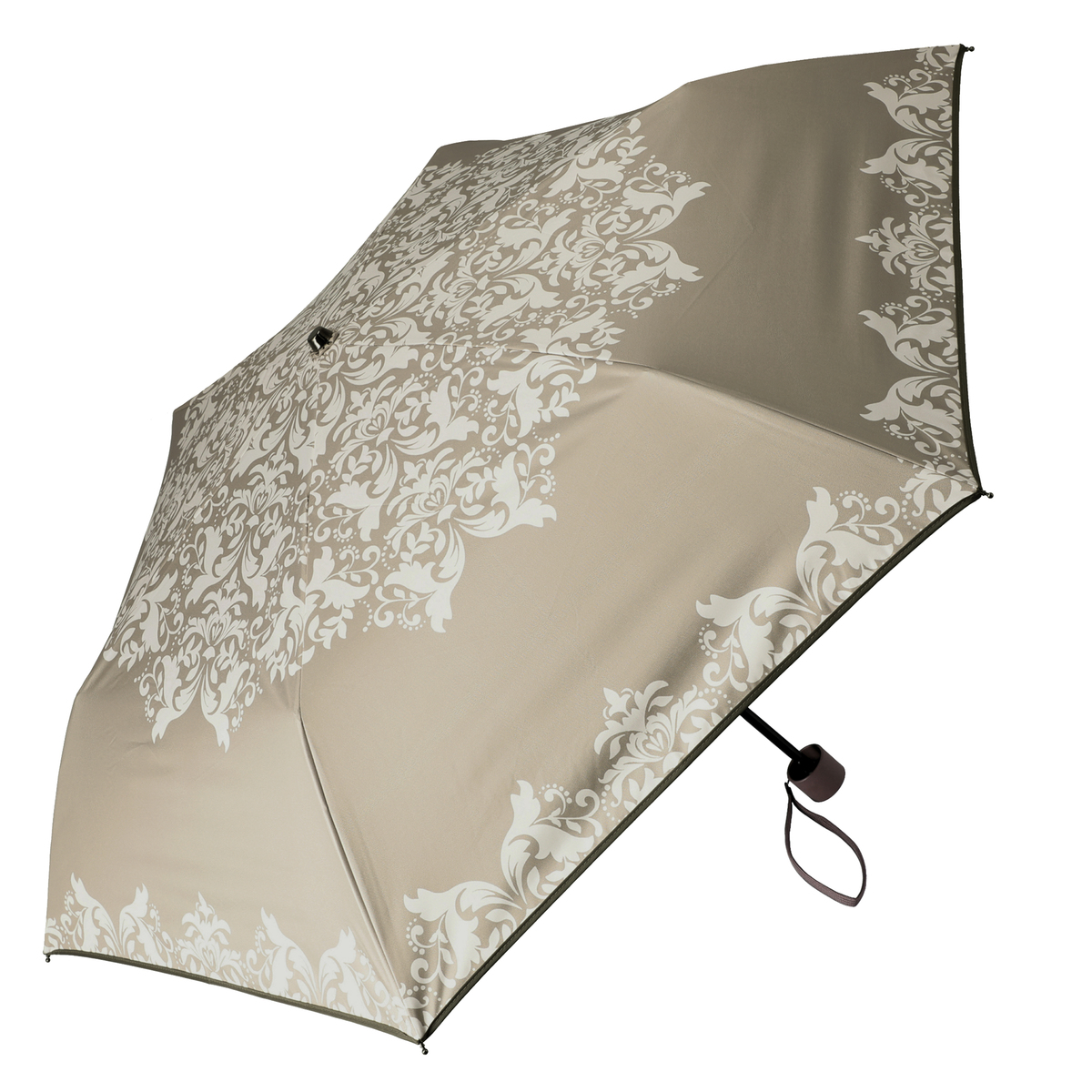  ルナジュメール UV+1級遮光+晴雨兼用 ダマスク柄折傘  モカ