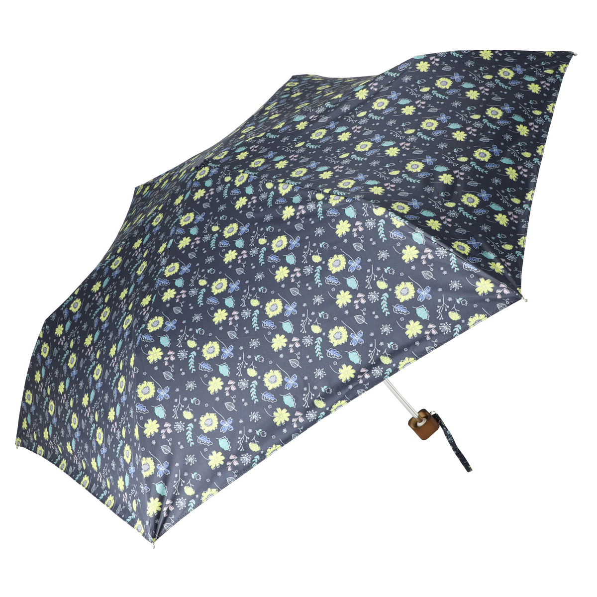  ルナジュメール UV+1級遮光+晴雨兼用 プリント 折傘  小花柄ネイビー