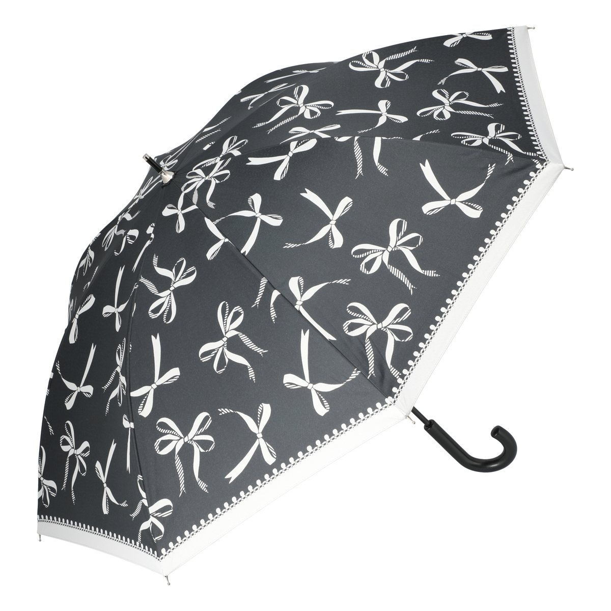  ルナジュメール UV+1級遮光+晴雨兼用 モノクロショート傘  リボン柄ブラック