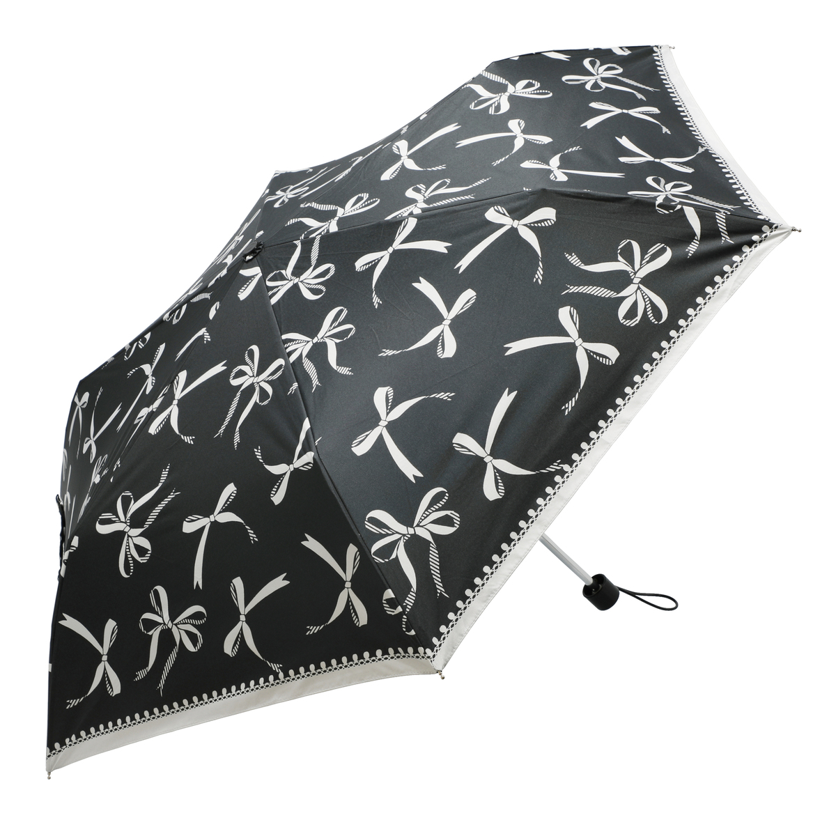  ルナジュメール UV+1級遮光+晴雨兼用 モノクロ 折傘  リボン柄ブラック
