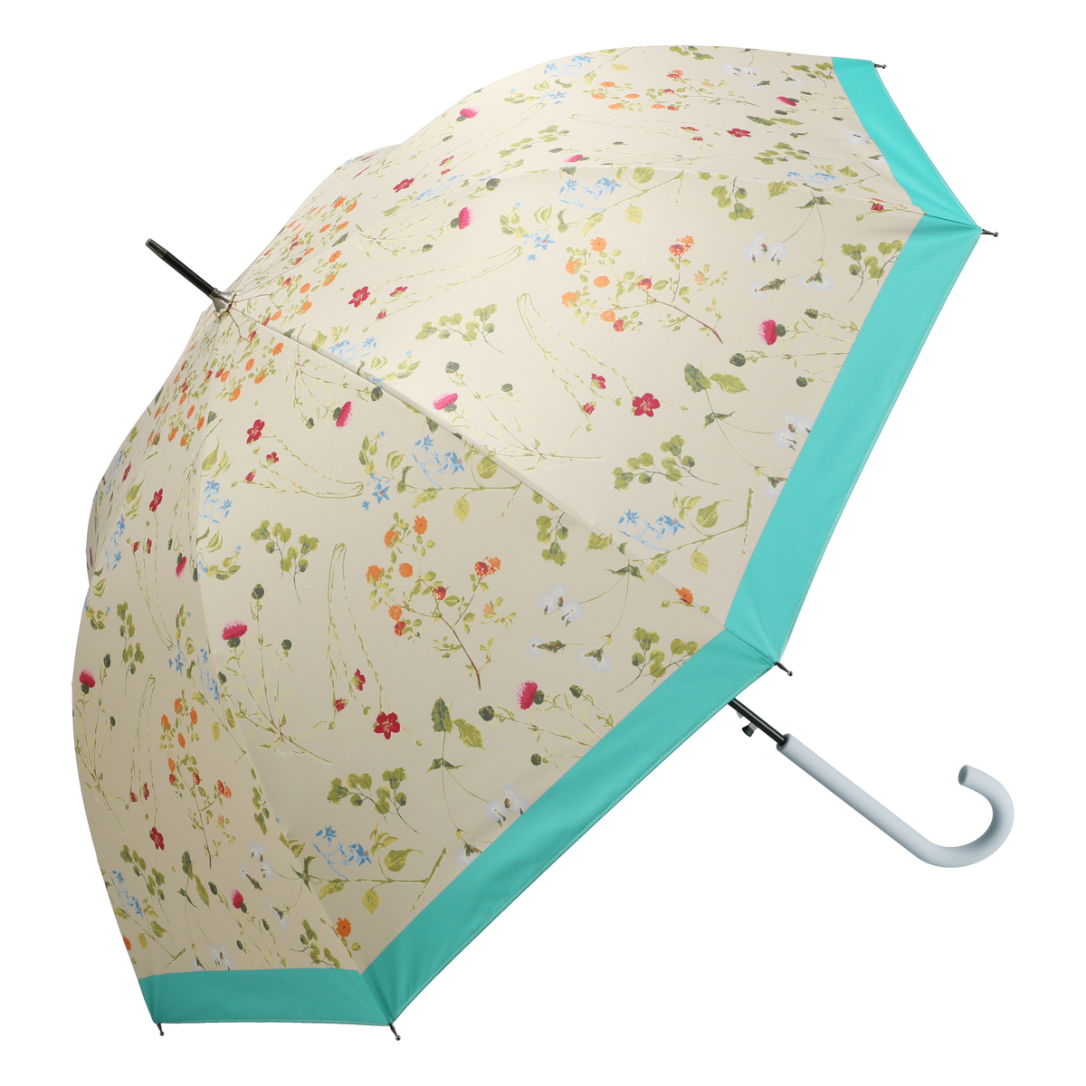 ルナジュメール UV+1級遮光+晴雨兼用ボタニカル柄長傘  ブルーグリーン