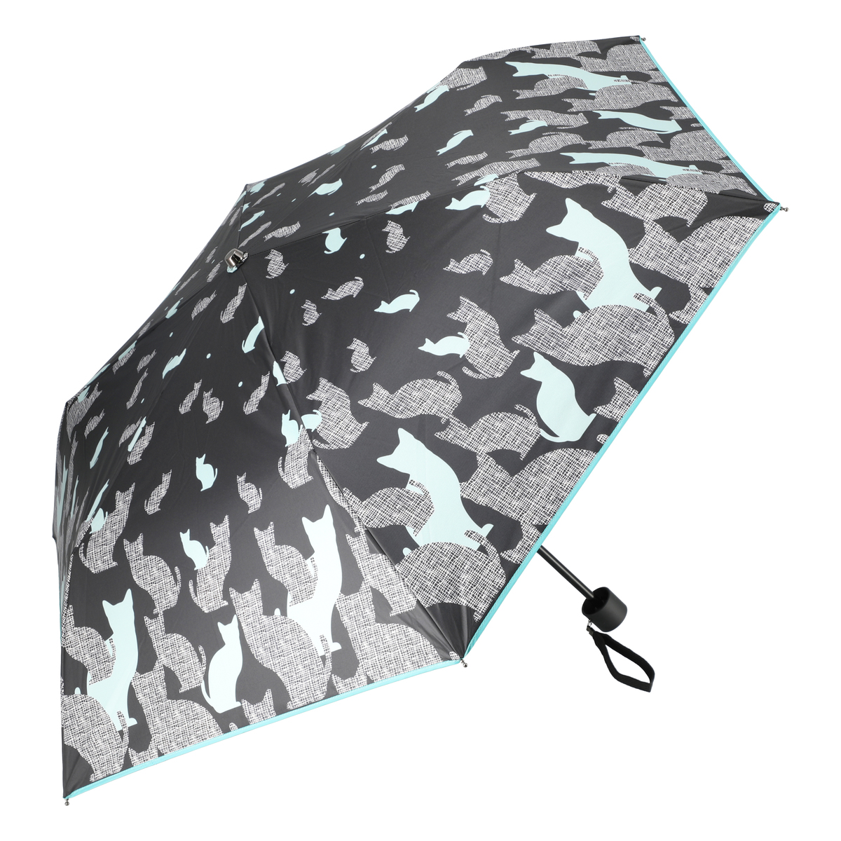  ねこと毎日UV1級遮光晴雨兼用モザイクねこ折傘  ブラック