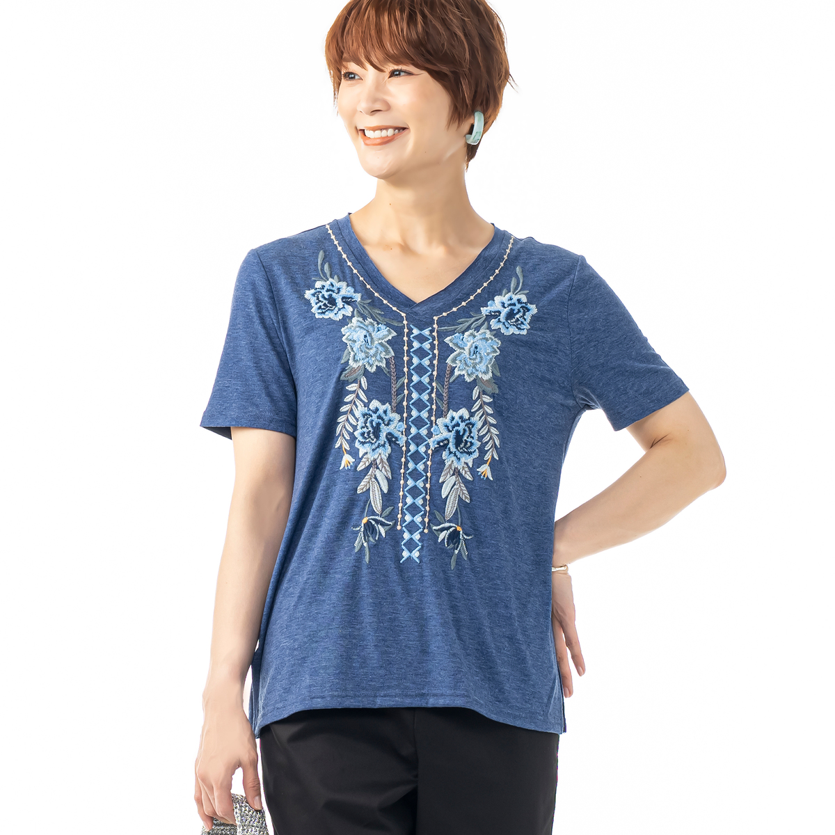 Julia K NYC フォークロアフラワー刺繍半袖スラブTシャツ - QVC.jp