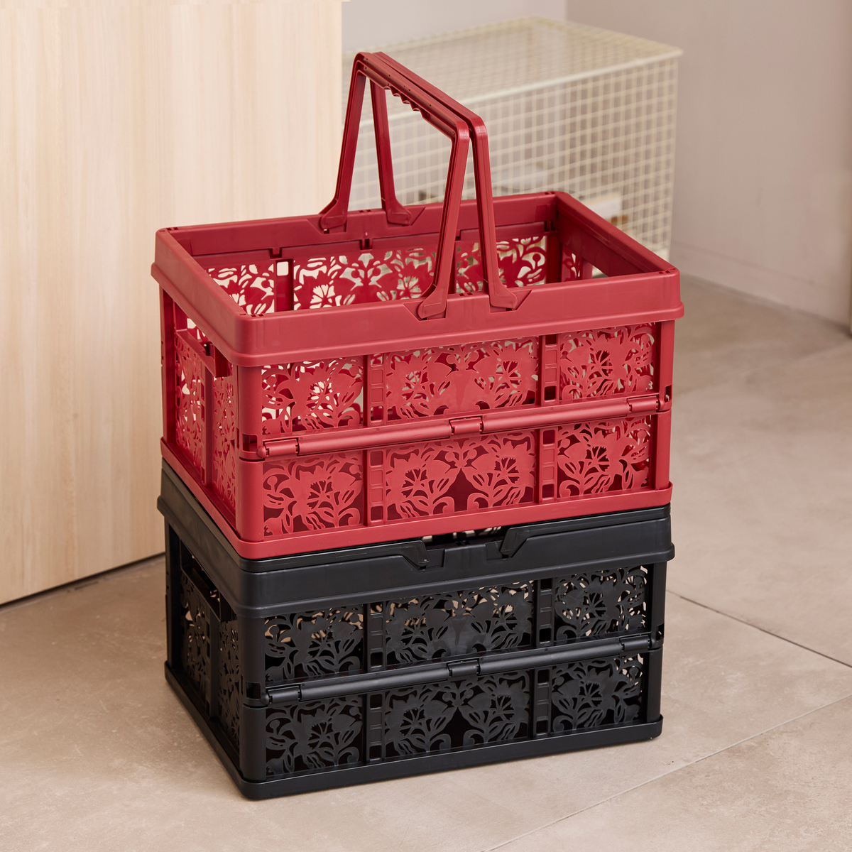 取っ手付き お洒落な折り畳みコンテナネット限定4コ - QVC.jp