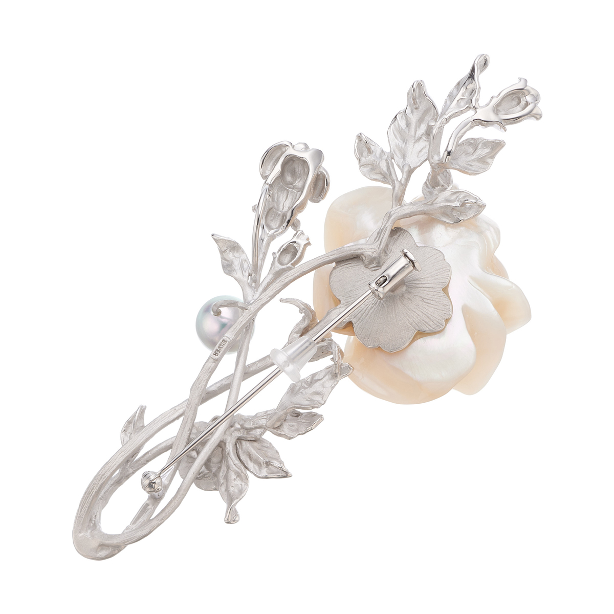 SV ナチュラルグレーカラーアコヤ真珠 バラモチーフブローチ