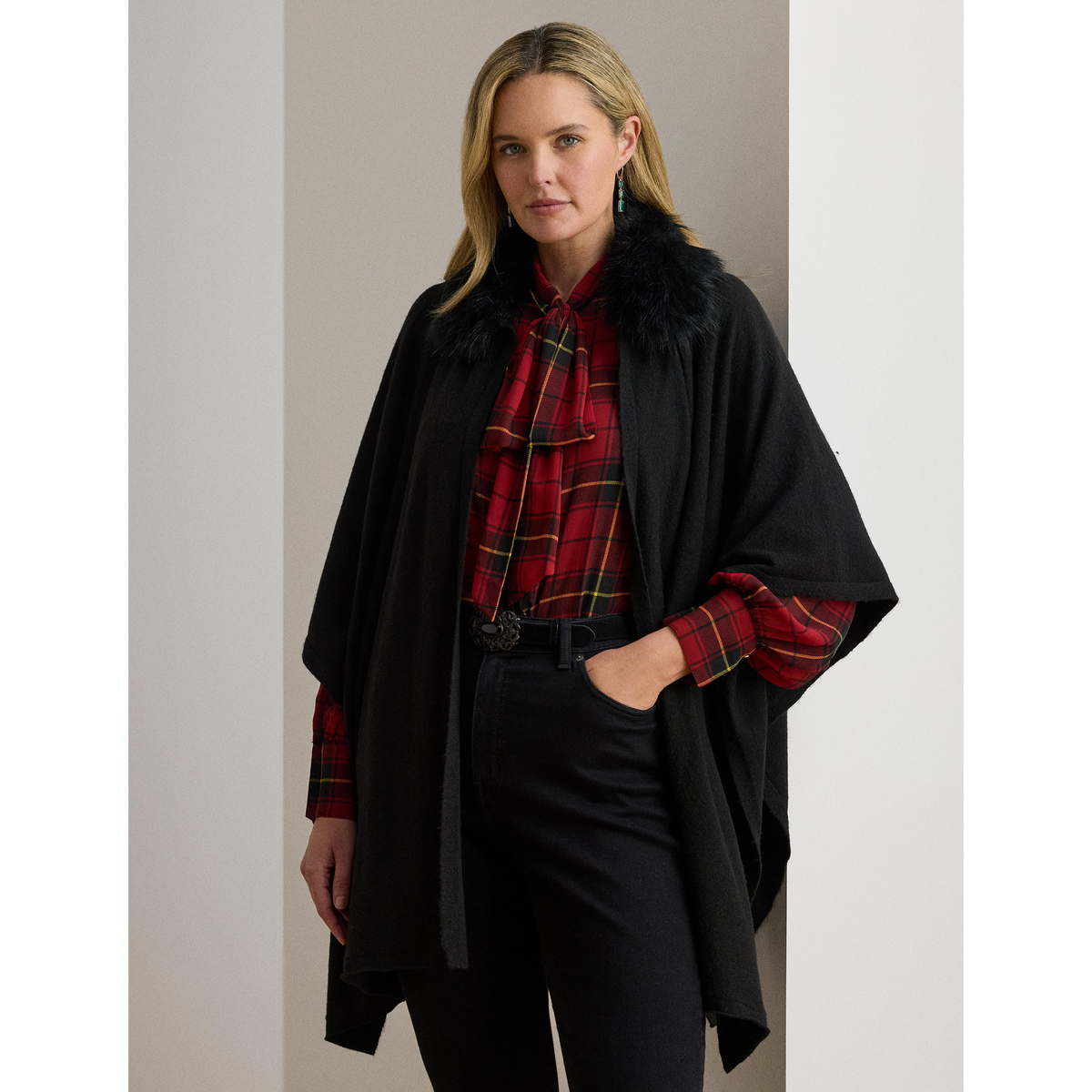 Lauren Ralph Lauren フェイクファートリム ポンチョ Lauren Ralph